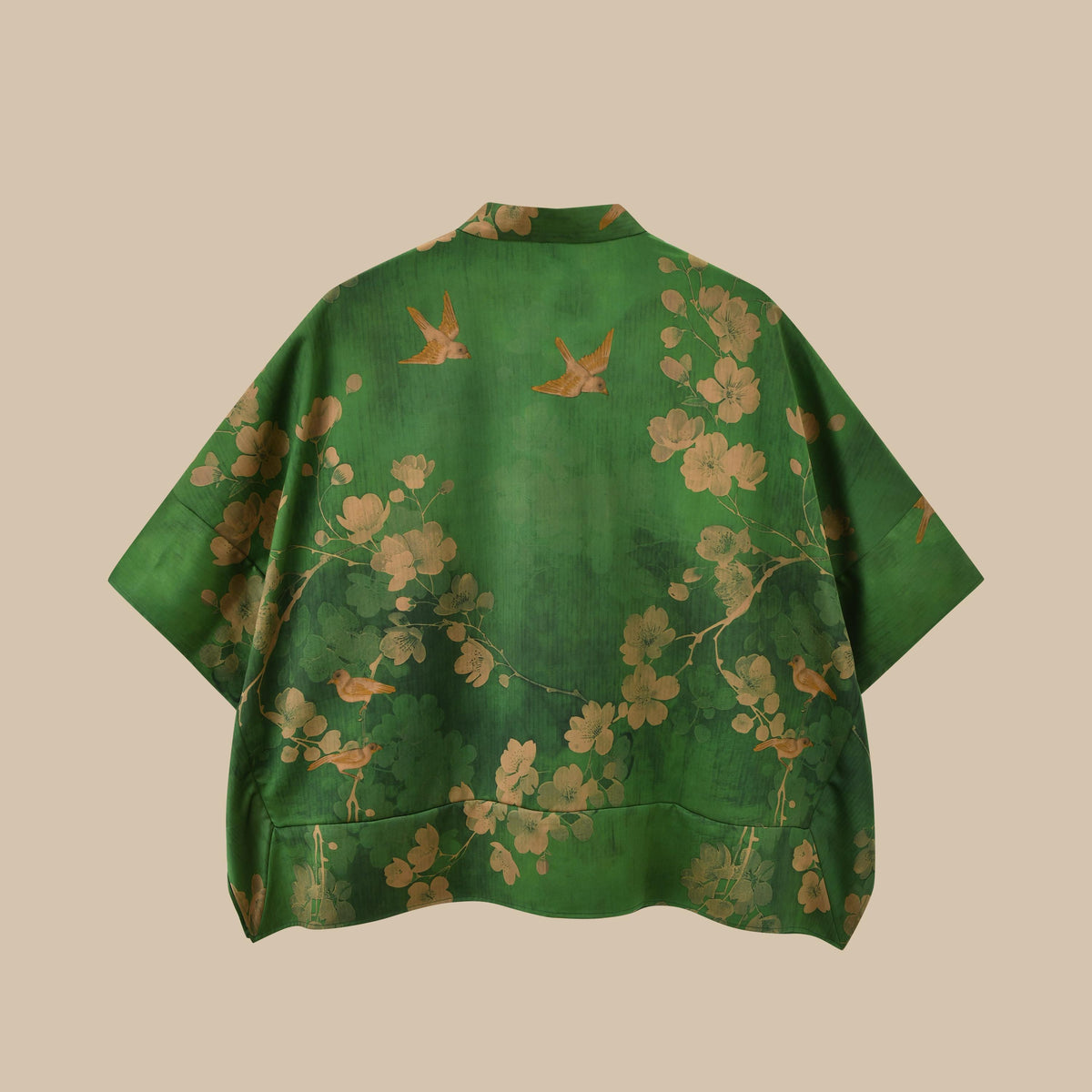 Green Floral Bird Heavyweight Mud Silk Boxy Blouse