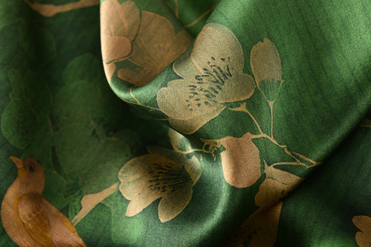 Green Floral Bird Heavyweight Mud Silk Boxy Blouse