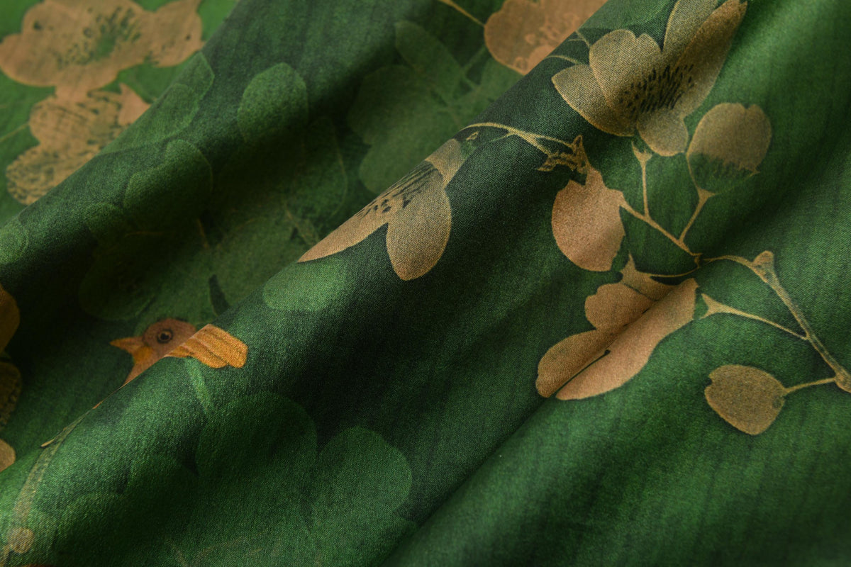 Green Floral Bird Heavyweight Mud Silk Boxy Blouse