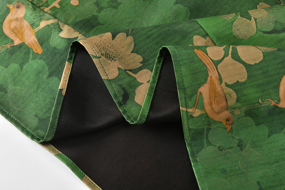 Green Floral Bird Heavyweight Mud Silk Boxy Blouse