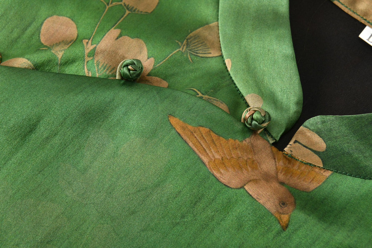 Green Floral Bird Heavyweight Mud Silk Boxy Blouse
