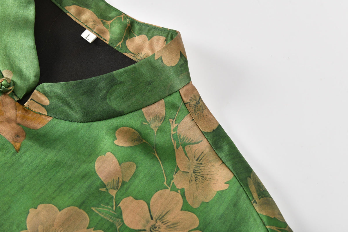 Green Floral Bird Heavyweight Mud Silk Boxy Blouse