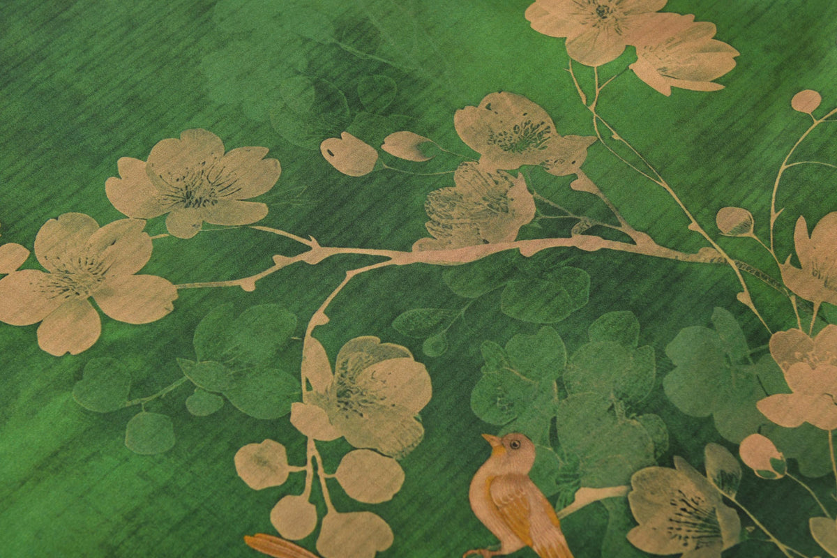 Green Floral Bird Heavyweight Mud Silk Boxy Blouse
