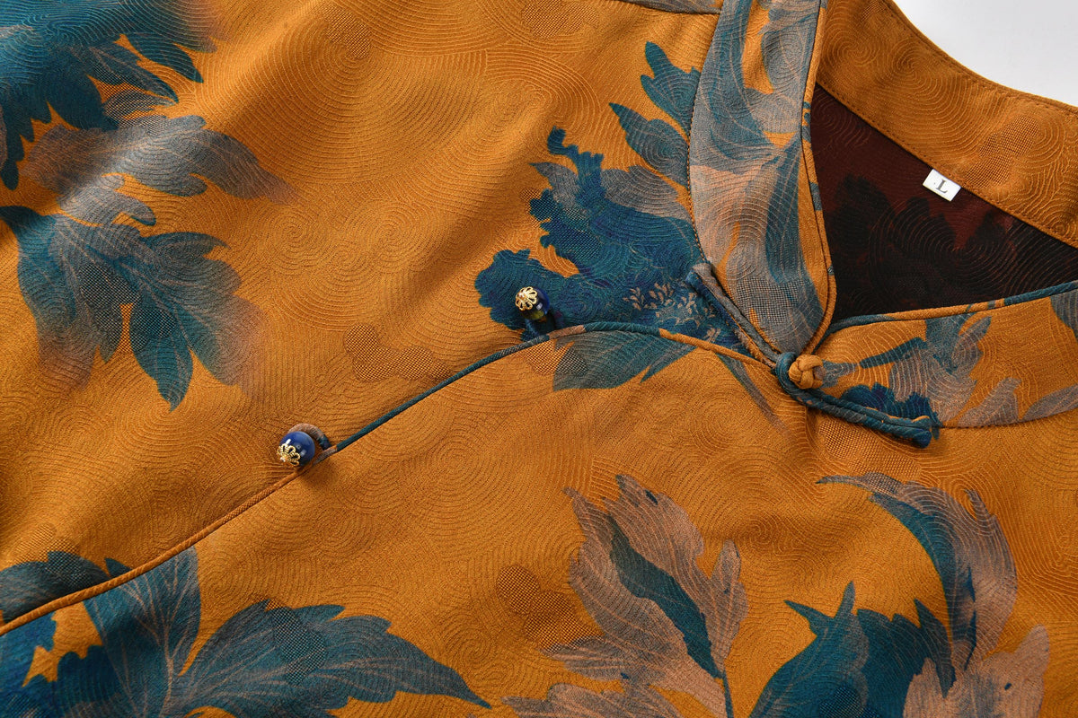 Blue Peony Hua Luo Silk Modern Qipao