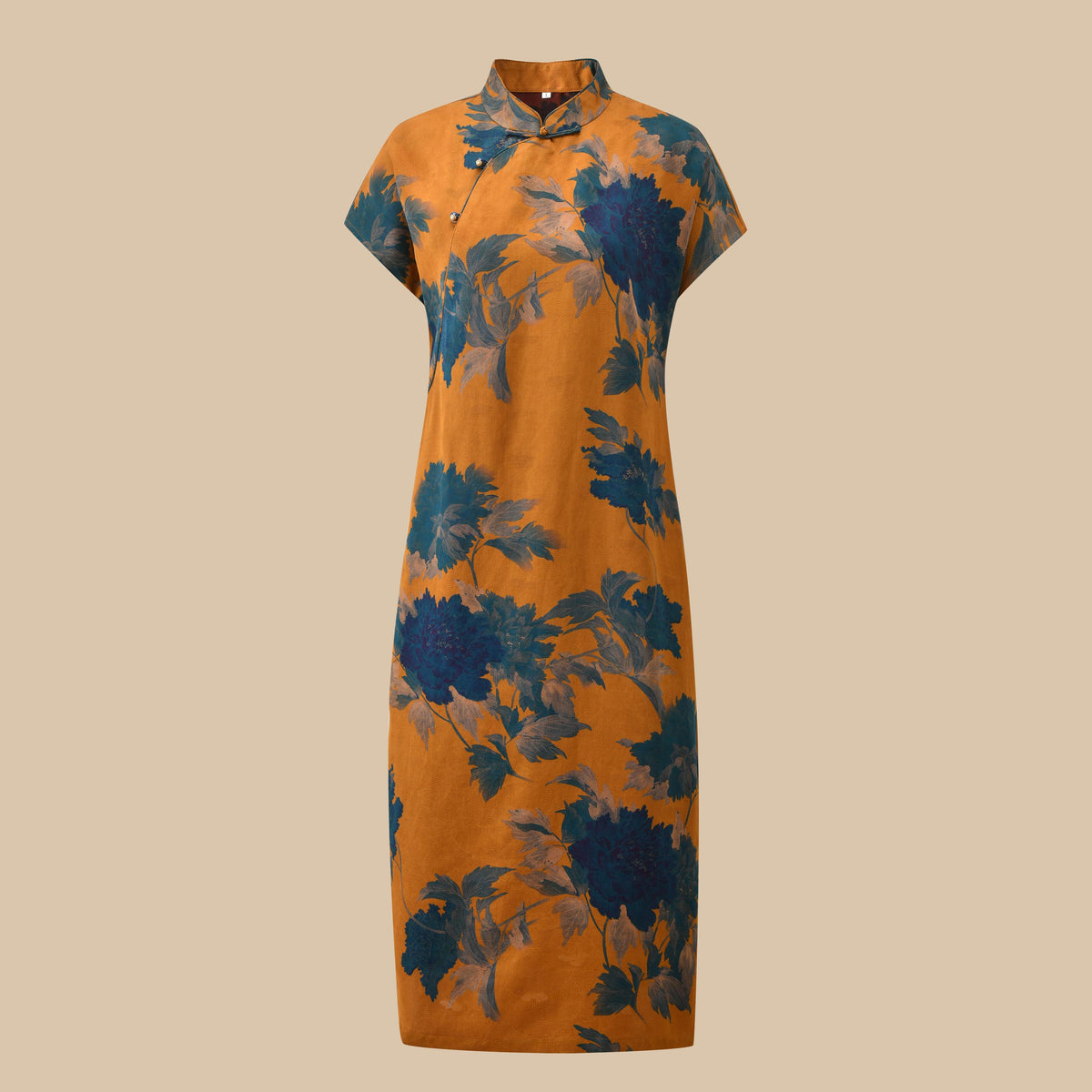 Blue Peony Hua Luo Silk Modern Qipao