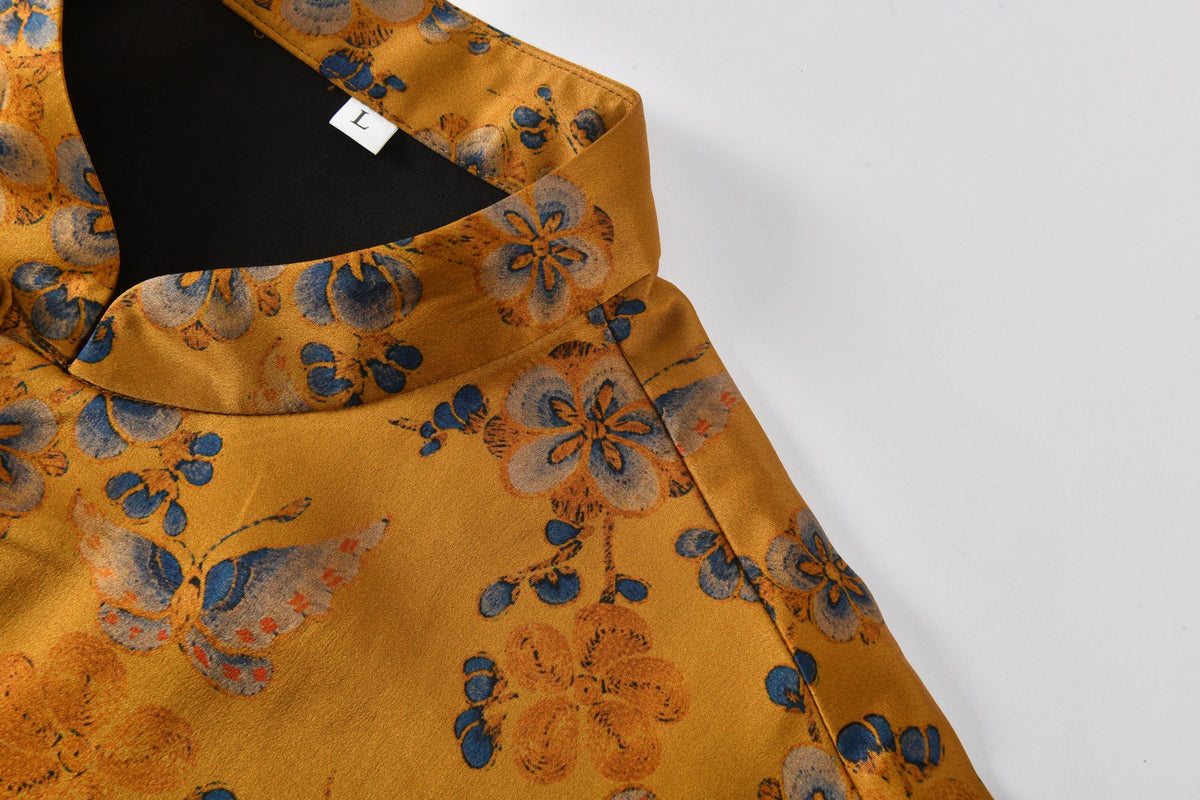 Butterfly Floral Heavyweight Mud Silk Boxy Blouse