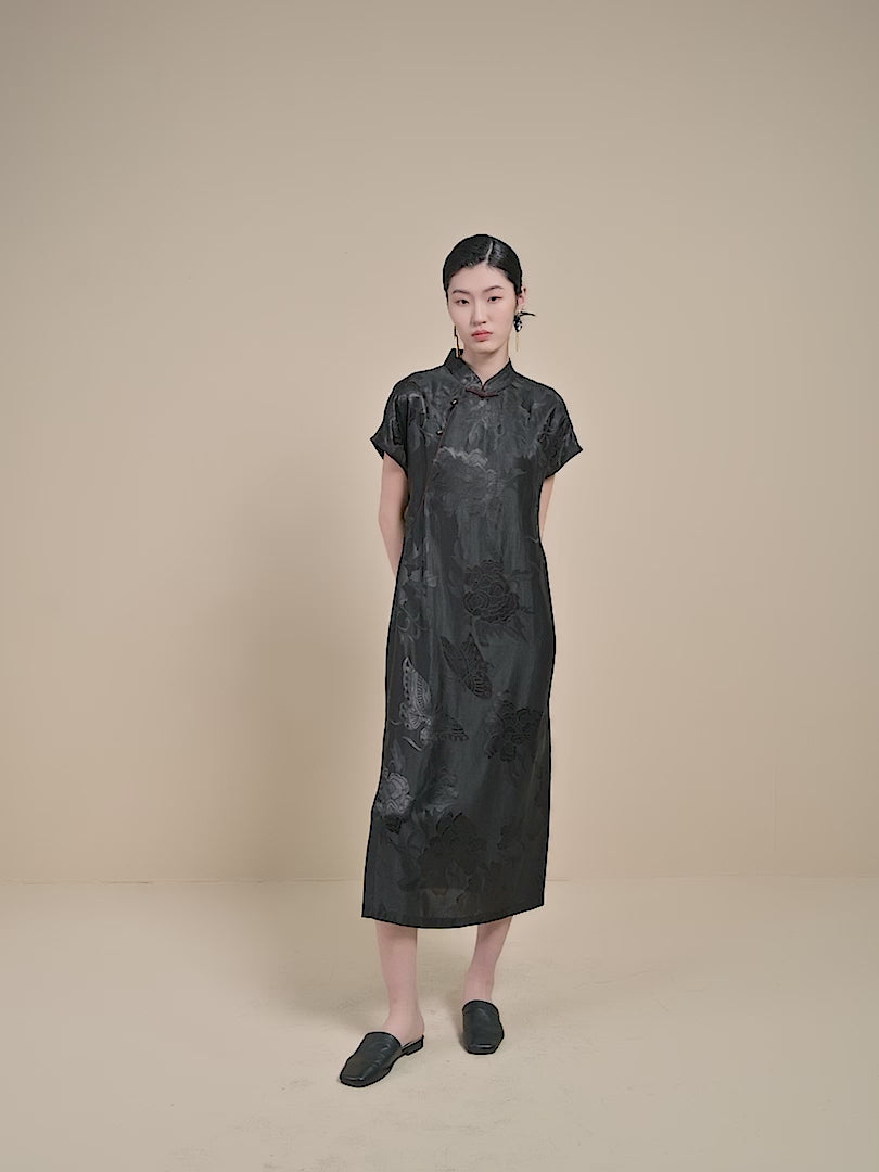 Black Jacquard Heavyweight Mud Silk Modern Qipao on model